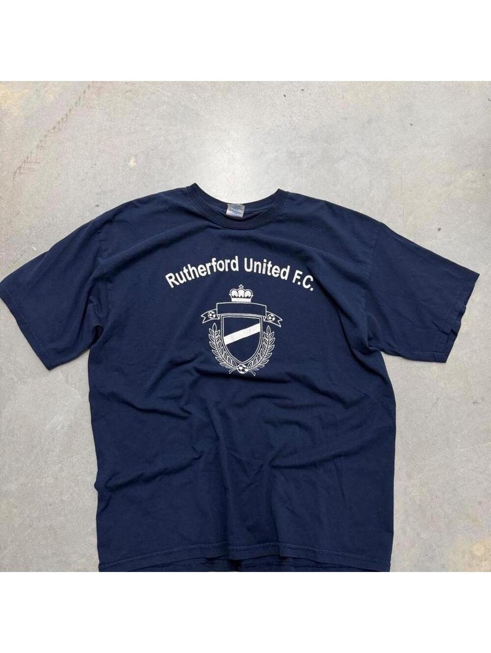 Y2K Rutherford United FC Soccer T Shirt XL Navy Blue Graphic Team Tee